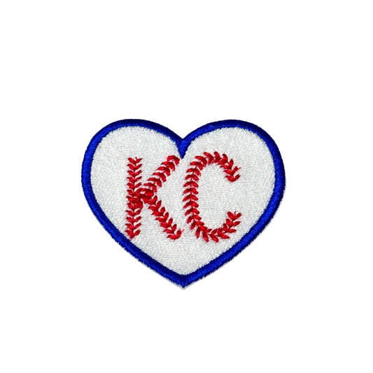 Embroidered heart patch with red KC baseball stitching and royal blue border
