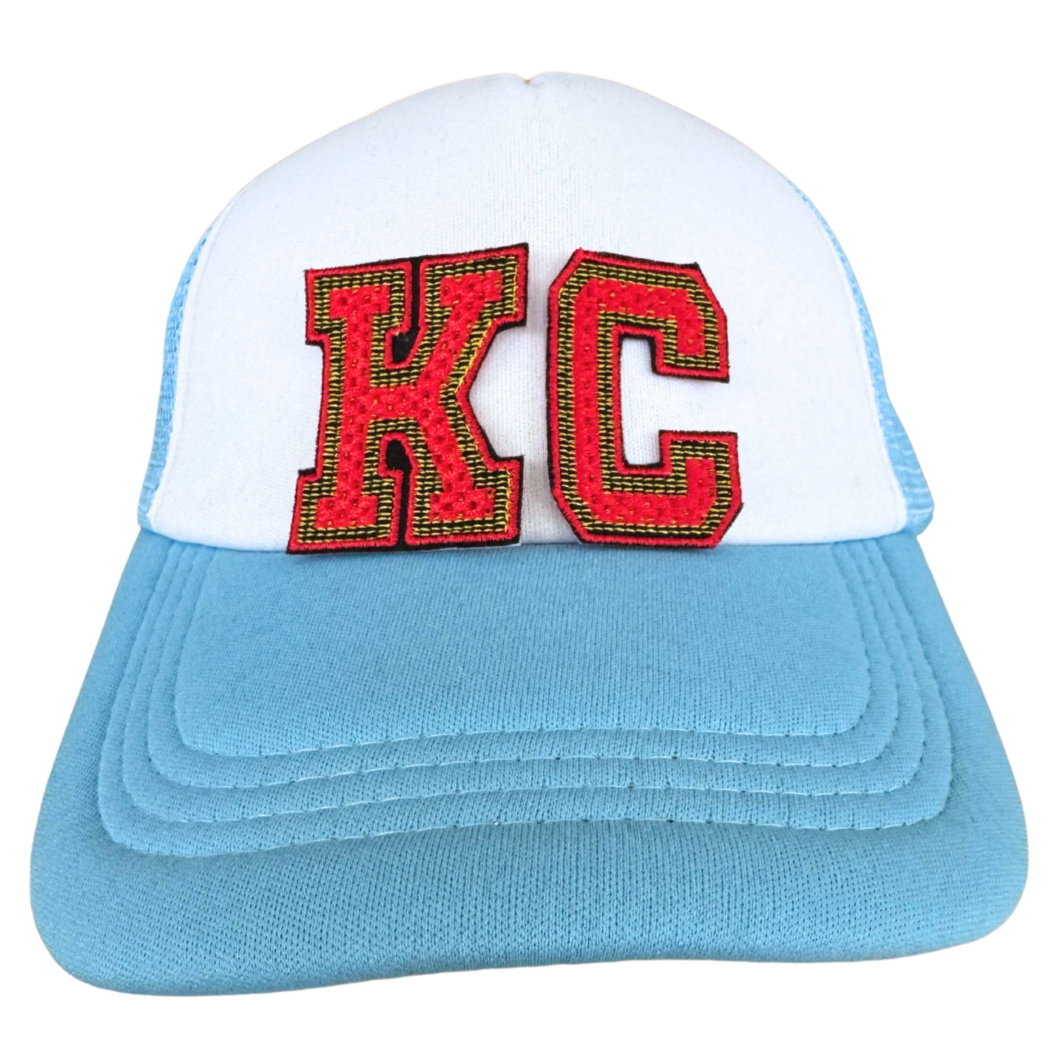 White and blue trucker hat featuring red and gold KC varsity patch inspired by the Kansas City Chiefs

