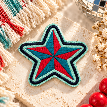 Kansas City Current colors star embroidered iron-on patch styled in a bright red, teal and navy hero scene