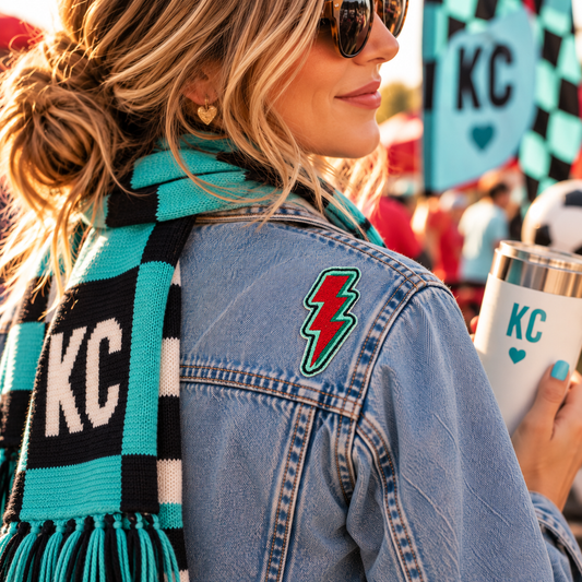 KC Current lightning bolt embroidered patch on denim jacket