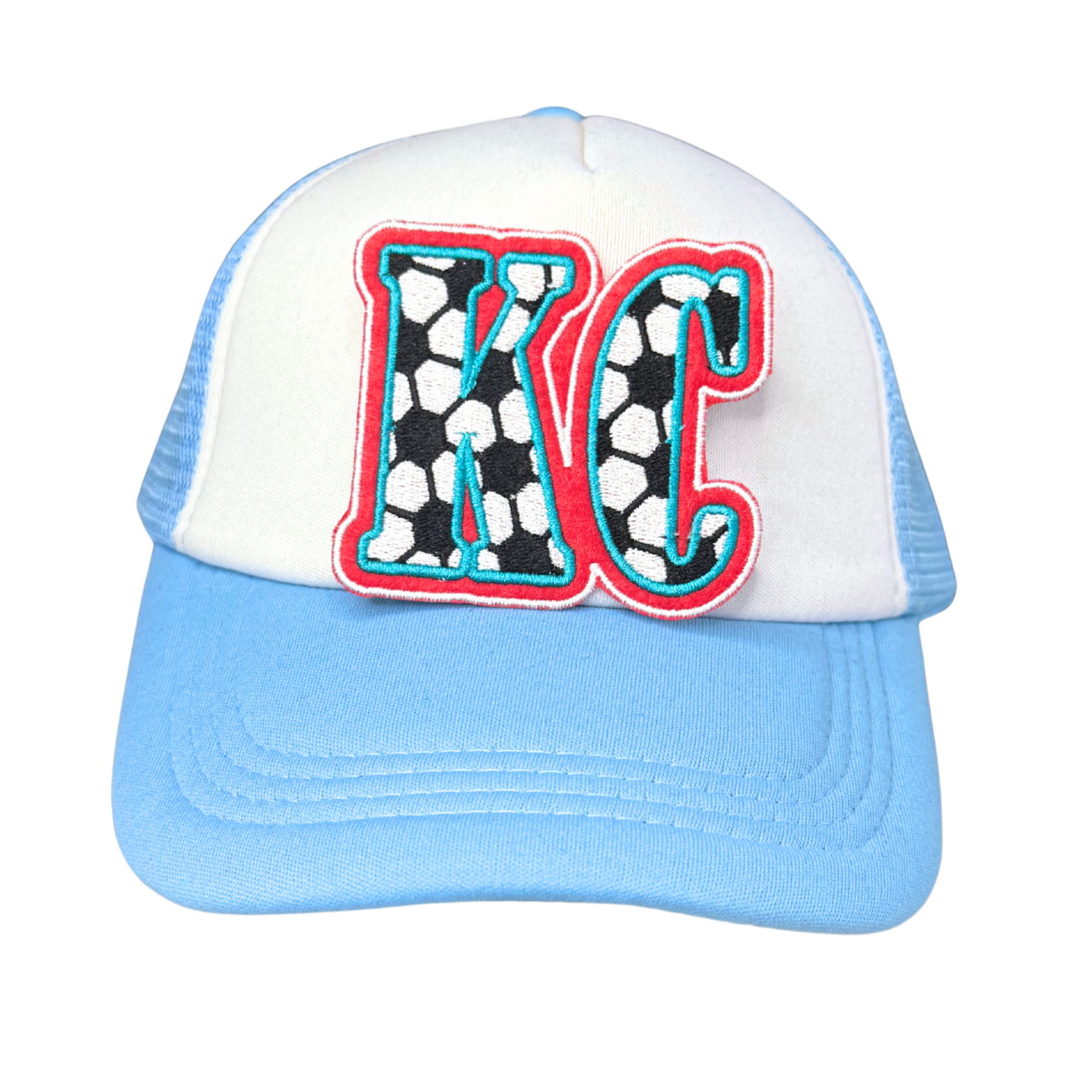 KC Current soccer patch on blue and white trucker hat


