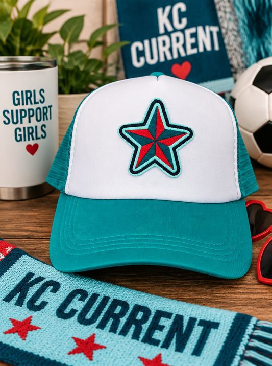 KC Current star teal and white trucker hat styled product photo