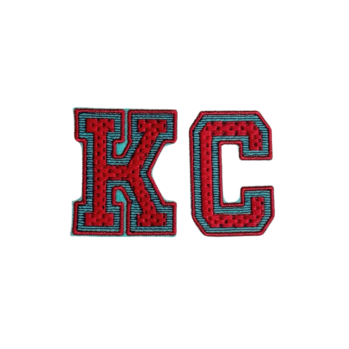 KC varsity-style patch in red chenille with teal and black outline

