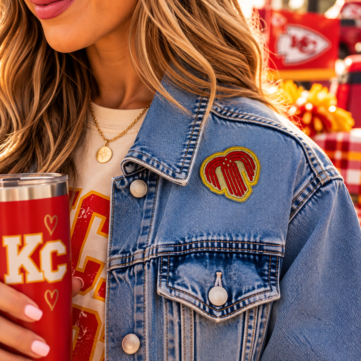 Kansas City fountain red and gold patch styled on denim jacket