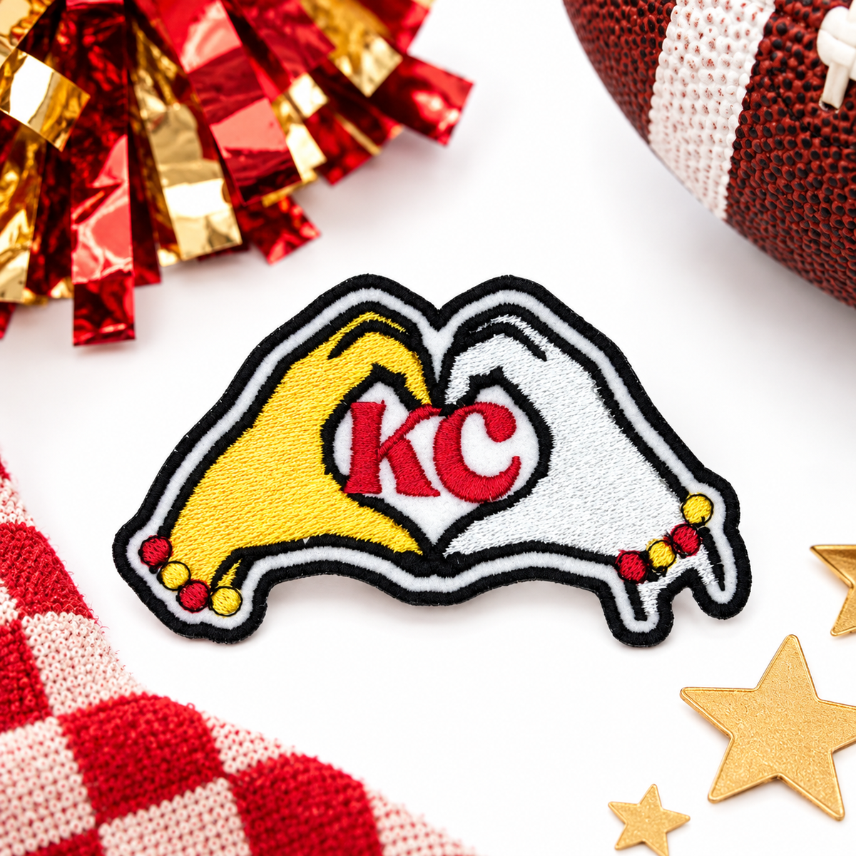 KC Heart Hands iron-on patch styled hero