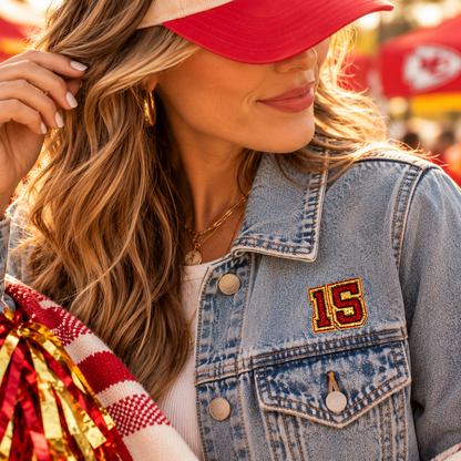 KC Number 15 iron-on patch styled on denim jacket