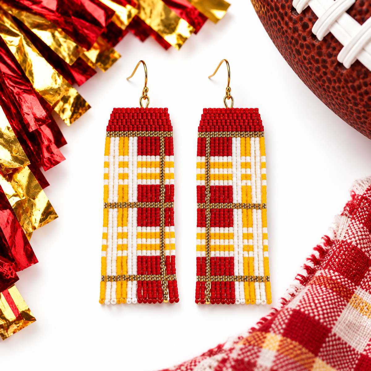 Hand-beaded Kansas City plaid statement earrings