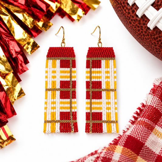 Hand-beaded Kansas City plaid statement earrings