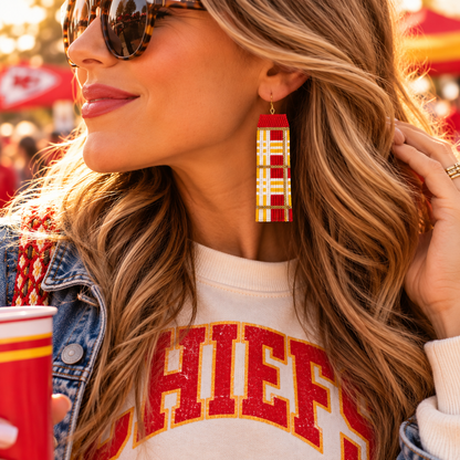 Hand-beaded Kansas City plaid statement earrings worn at game day