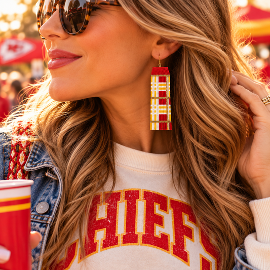 Hand-beaded Kansas City plaid statement earrings worn at game day