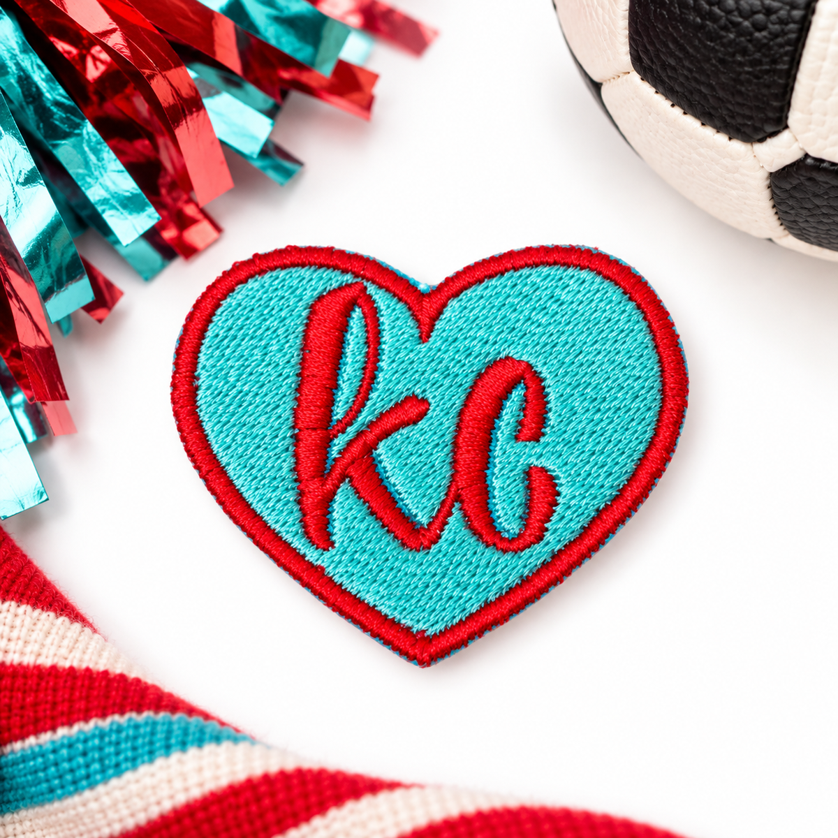 KC Red and Aqua Heart Iron-On Patch styled hero
