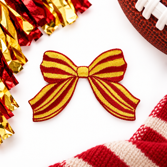 KC red and gold striped bow iron-on patch styled hero