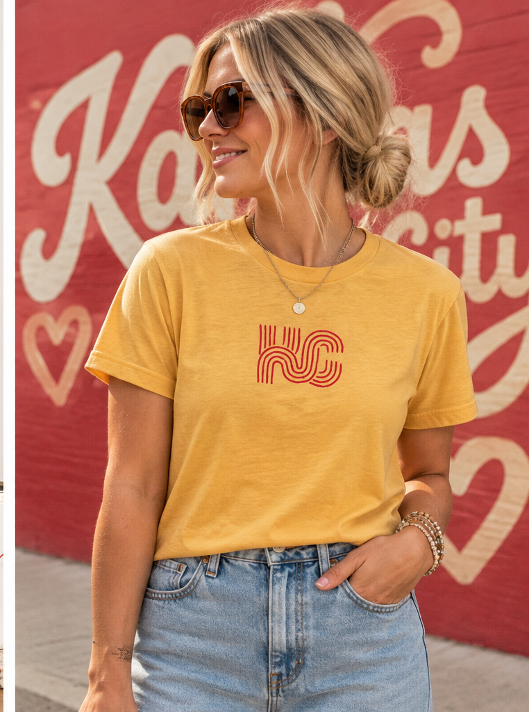 KC red and gold crop tee lifestyle photo