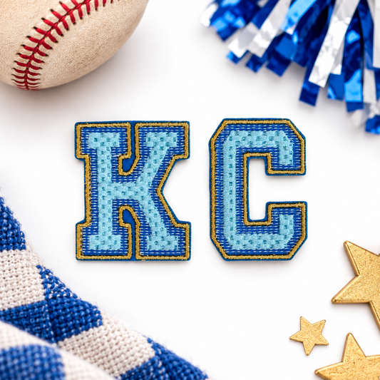 KC Royals Blue and Gold Varsity iron-on patch styled hero