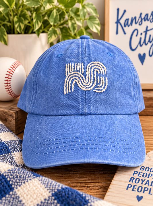 Blue Kansas City Royals-inspired embroidered baseball hat styled with baseball and Kansas City decor