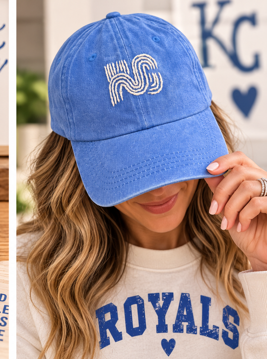 Model wearing blue Kansas City Royals-inspired embroidered baseball hat
