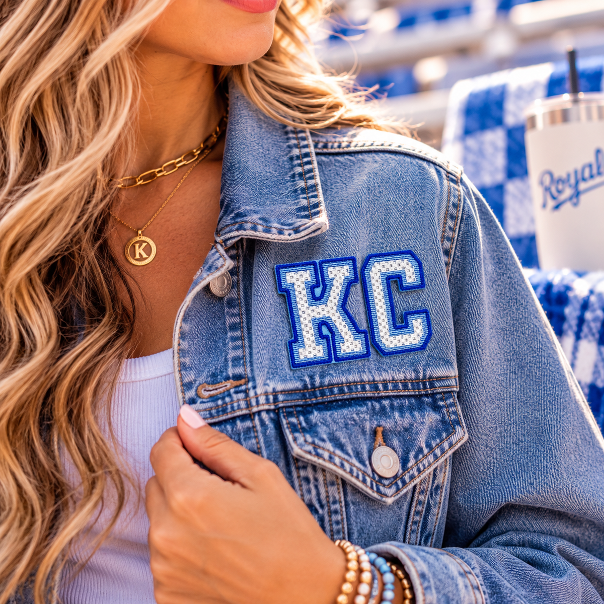 KC Royals Varsity iron-on patch styled on denim jacket