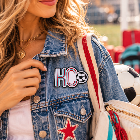 KC Soccer Ball Iron-On Patch styled on denim jacket
