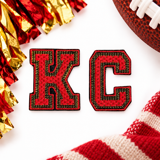 KC Varsity iron-on patch in Chiefs colors styled hero