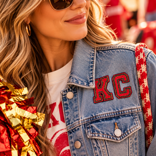 KC Varsity iron-on patch styled on denim jacket