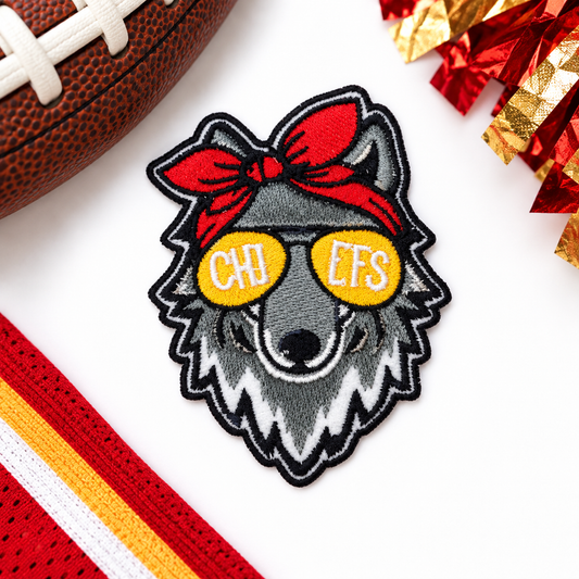 KC Wolf Bandana and Glasses Iron-On Patch styled hero