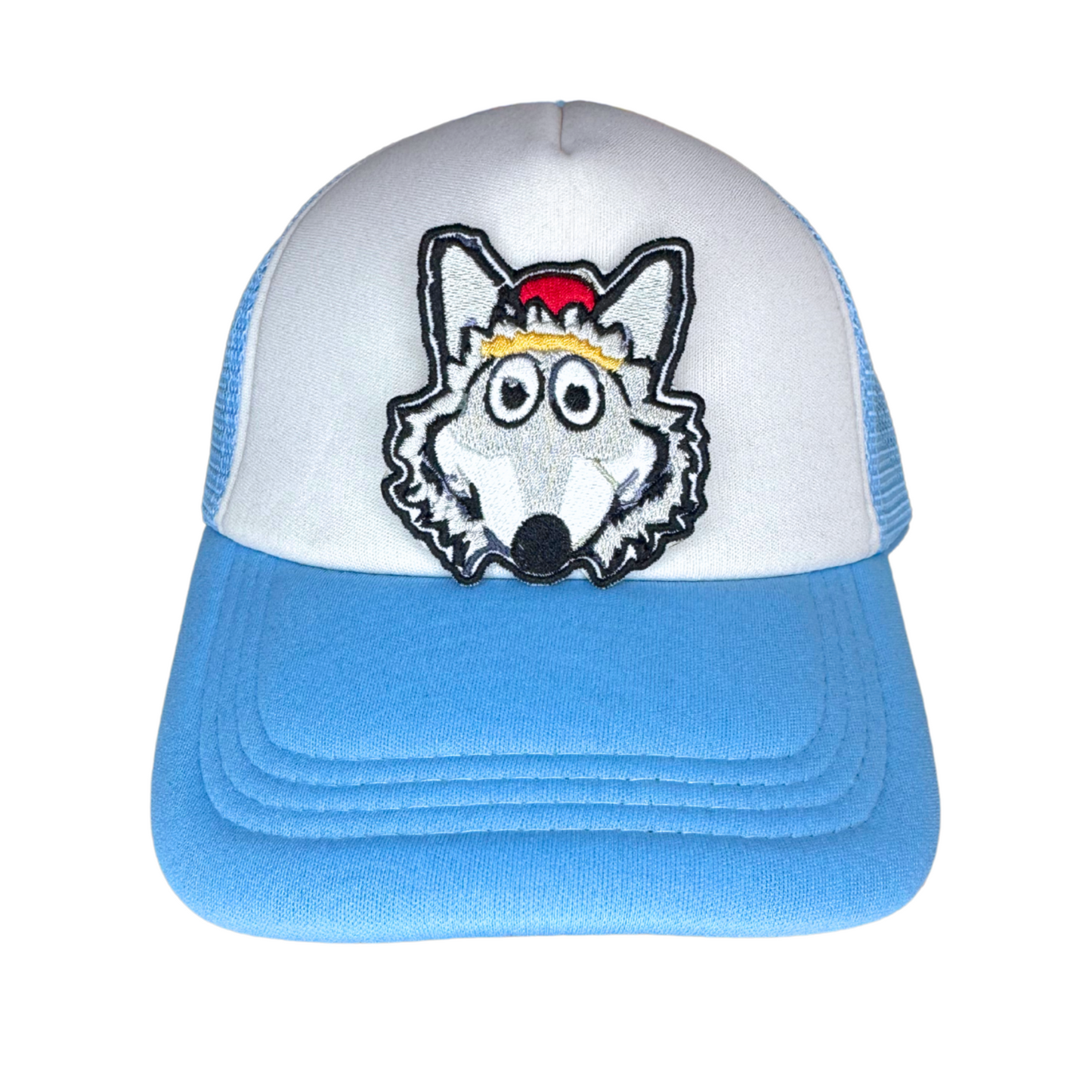 Embroidered KC Wolf patch shown on white and blue trucker hat