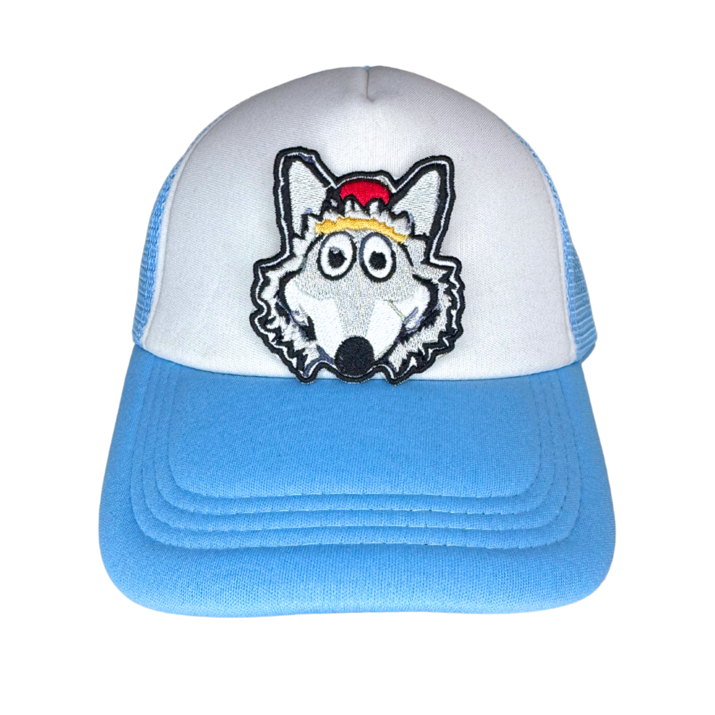 Embroidered KC Wolf patch shown on white and blue trucker hat
