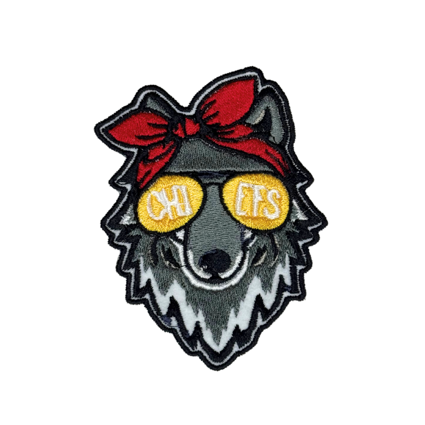 embroidered KC Wolf patch with red bandana and yellow Chiefs sunglasses