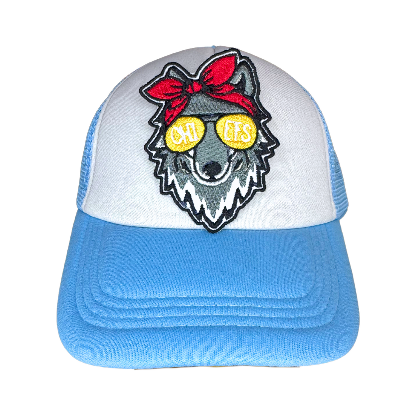 kc wolf patch shown on trucker hat for scale