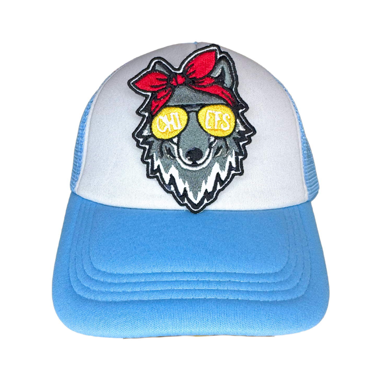 kc wolf patch shown on trucker hat for scale