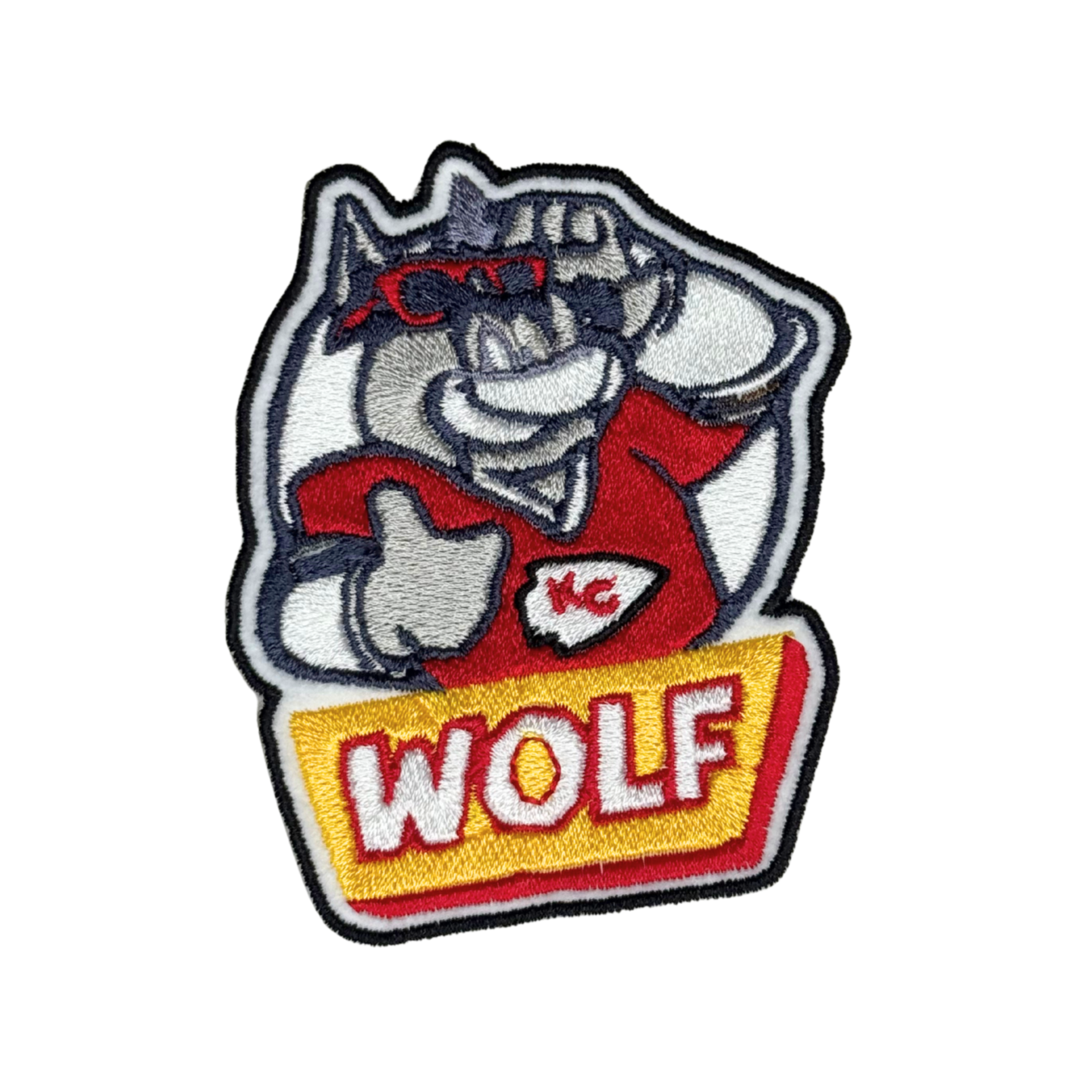 mbroidered KC Wolf thumbs-up patch on white background