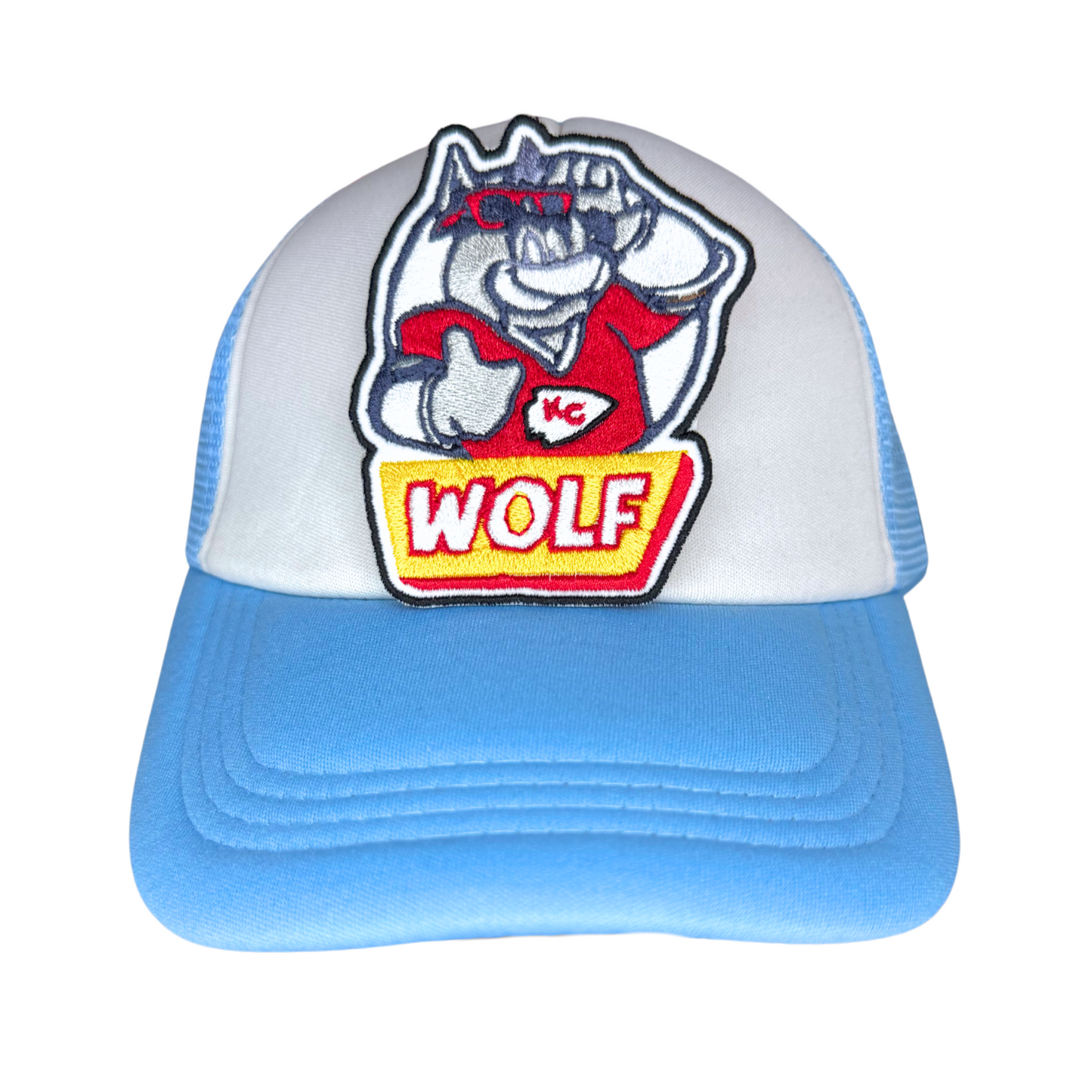 KC Wolf thumbs-up patch on blue and white trucker hat