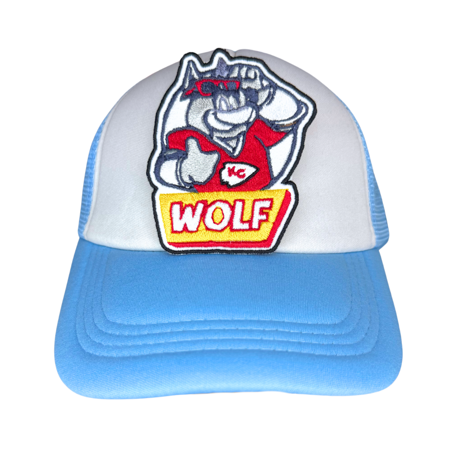 KC Wolf thumbs-up patch on blue and white trucker hat