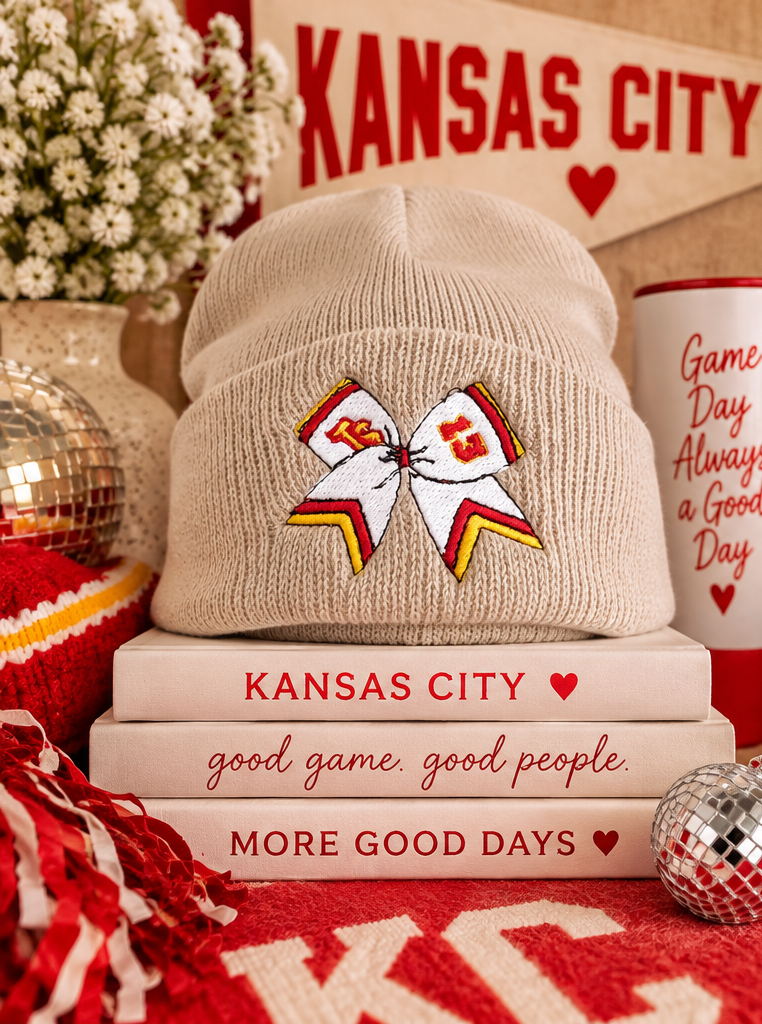 Khaki embroidered cheer bow beanie styled product photo