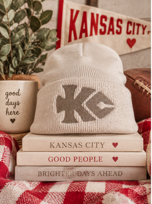 Khaki KC Arrowhead embroidered beanie styled product photo