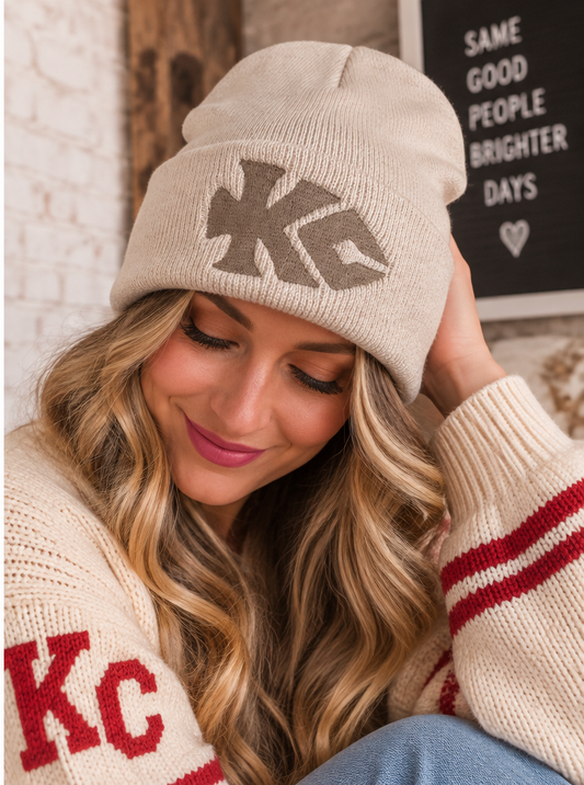 Khaki KC Arrowhead embroidered beanie lifestyle photo