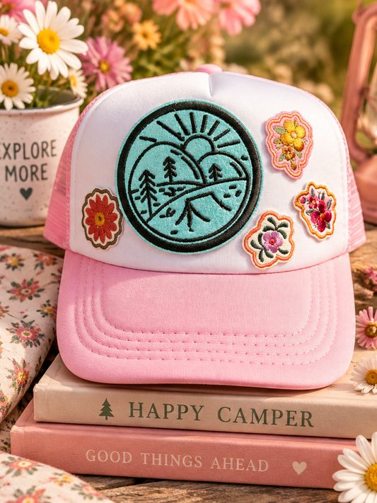Kids pink and white camping and floral trucker hat styled with flowers and camping details