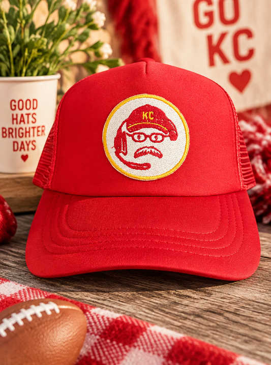 Kids red KC coach baseball hat styled with Kansas City football details