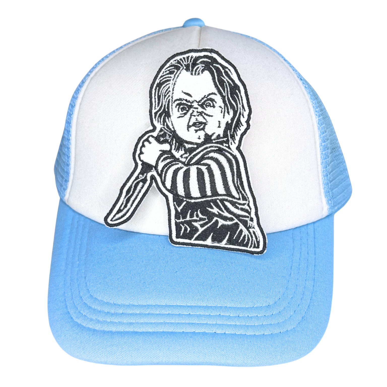 Light blue and white foam trucker hat featuring killer doll embroidered patch

