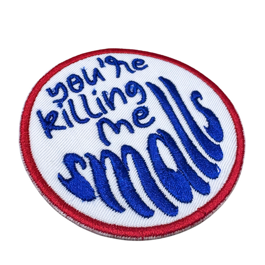 Angled detail view of embroidered text on The Sandlot-inspired patch
