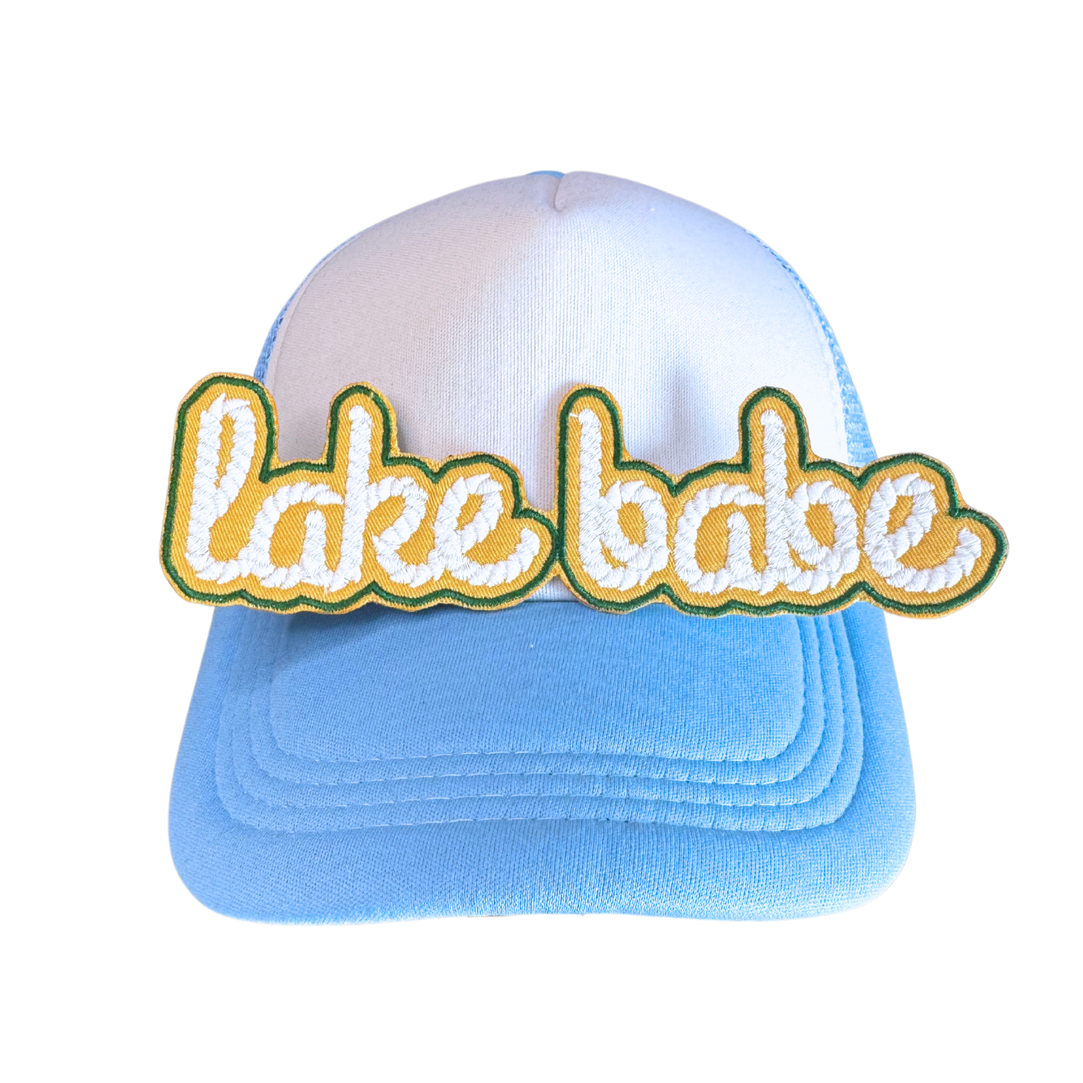 Blue and white trucker hat with embroidered "lake babe" patch applied to front

