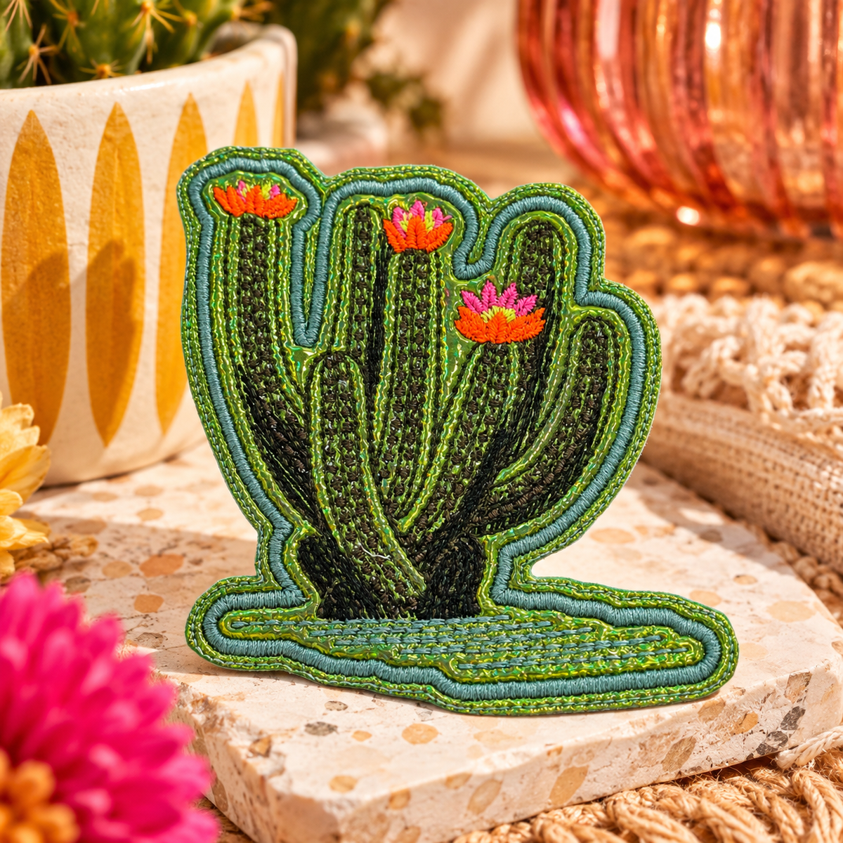 Large embroidered green cactus iron-on patch with three pink and orange flowers and aqua outline, styled on terrazzo with warm desert-inspired props