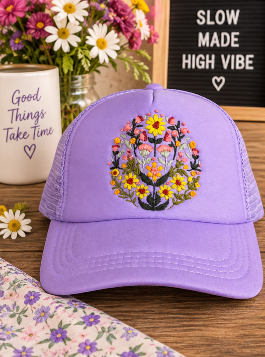 Lavender hand-embroidered floral hat styled product photo