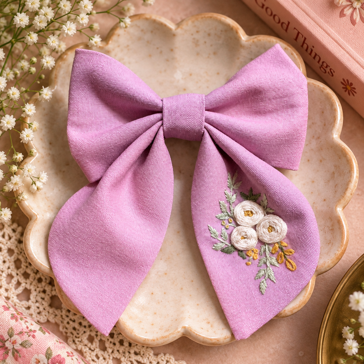 Hand-embroidered lavender linen bow clip with floral stitching