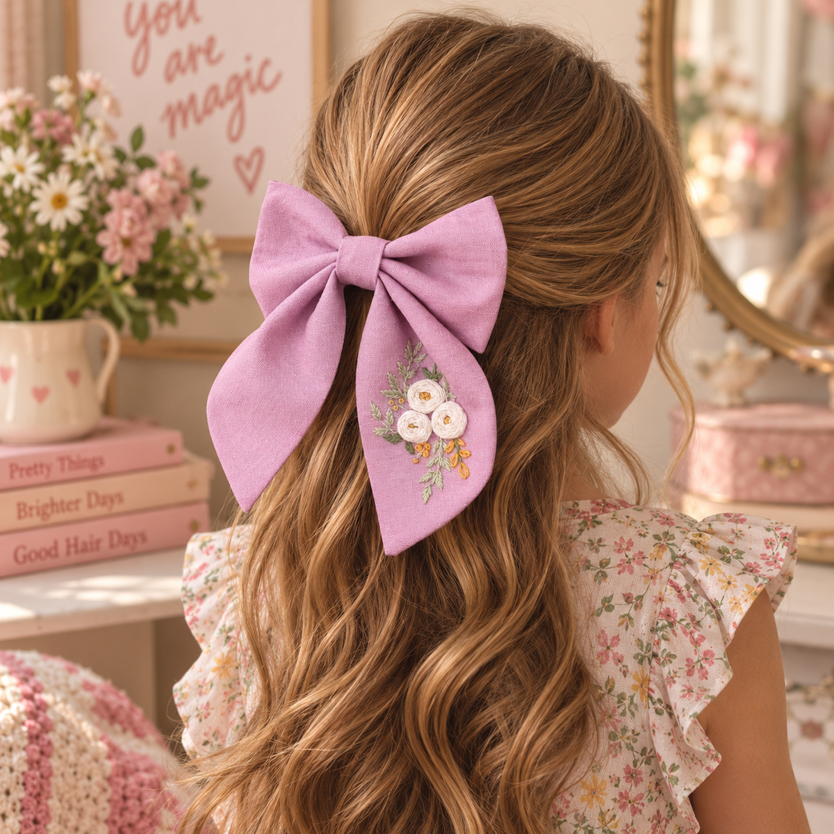 Hand-embroidered lavender linen bow clip worn in girl's hair