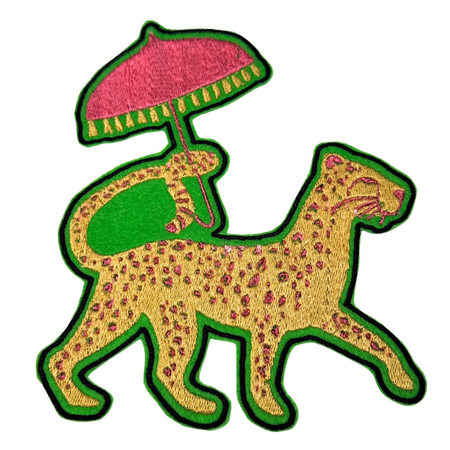 Embroidered patch of a yellow leopard with pink spots walking under a pink umbrella
