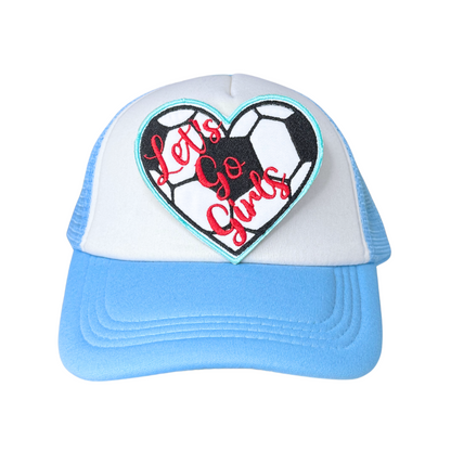 Patch heat pressed onto white and blue trucker hat, styled for game day

