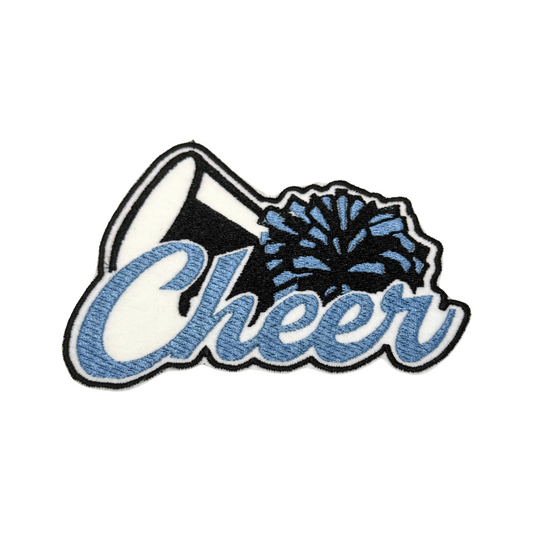 Iron-on embroidered cheer patch with pom pom and megaphone in light blue, black, and white
