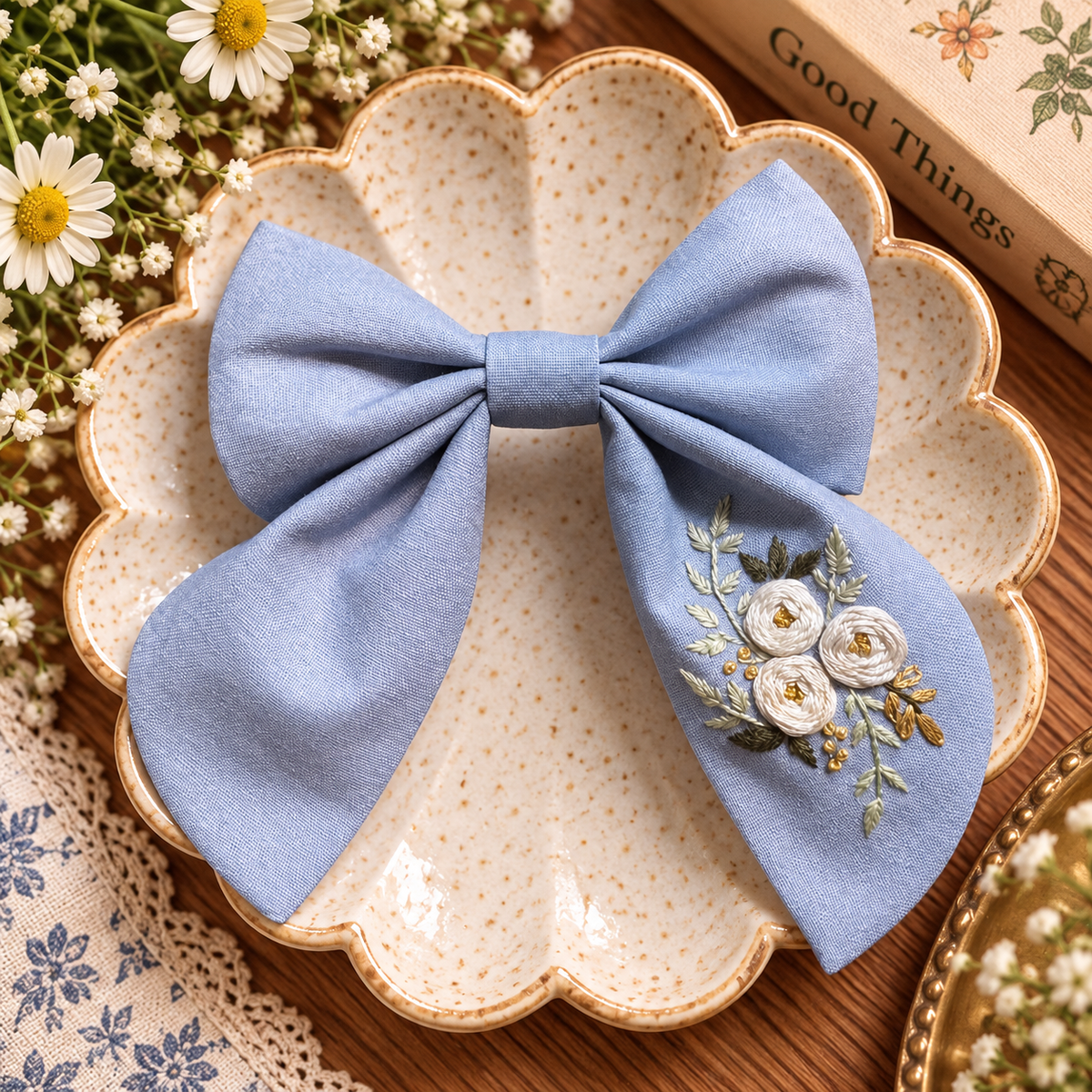 Hand-embroidered light blue linen bow clip with ivory floral stitching