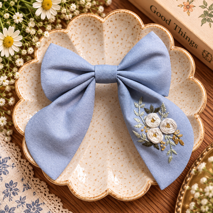 Hand-embroidered light blue linen bow clip with ivory floral stitching
